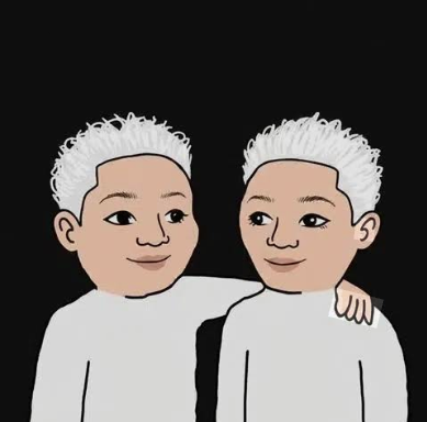 A simple cartoon-style drawing of two identical figures with white spiky hair and white shirts, one with an arm around the other against a black background.