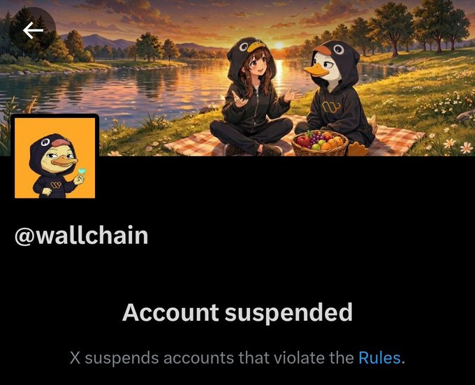 The image shows a social media post with a cartoon penguin character sitting at a picnic table by a lake. The post has been suspended, as indicated by the text "Account suspended" below the image. The post was created by @wallchain, who is known for their creative content and unique characters. The post seems to be about an event or campaign that took place recently, possibly related to the character of the cartoon penguin.