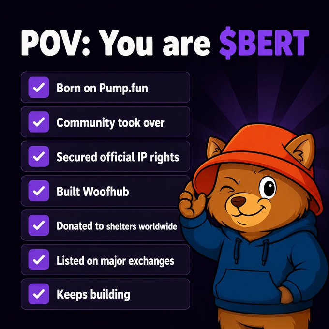 The image features a cartoon bear wearing a blue hoodie, with its paw raised as if giving thanks or making a wish. Below the bear, there are six purple checkboxes labeled with different tasks that need to be completed for the $BERT project to succeed. The text in the image reads "POV: You Are $BERT" and "One of the reasons $BERT keeps growing is simple: The list of things being built keeps getting longer. And we're nowhere near done." This suggests that the bear's wish or gratitude towards the project has been acknowledged, and it is a reminder for others to continue working on the tasks listed in the checkboxes.