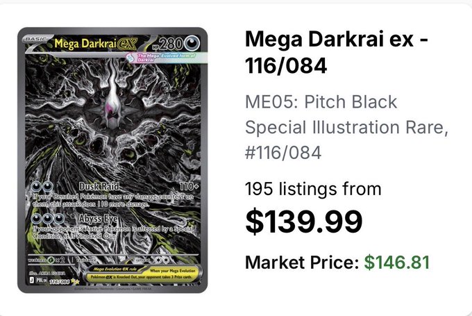 A Pokémon trading card listing shows Mega Darkrai ex (116/084), a Special Illustration Rare from the ME05: Pitch Black set, with 195 listings starting at $139.99 and a market price of $146.81, likely being reviewed as part of the user's "3 month check-in" on a card they may have recently pulled or purchased.