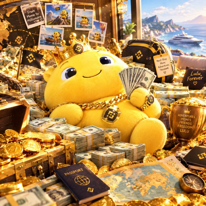 An illustrated yellow character wearing a gold crown and chain sits among piles of cash, gold coins, and treasures, with notes reading "From Meme to Millionaire," "Next Stop: More Adventures Freedom," "Lulu Forever," and a trophy labeled "ADVENTURES MEMES FRIENDS FREEDOM LULU."