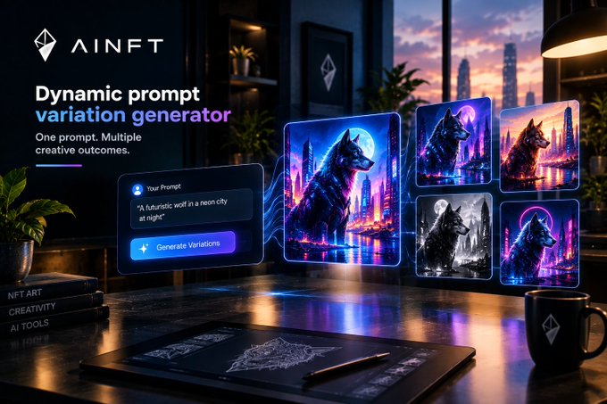 An advertisement for 'AINFT Dynamic prompt variation generator' showing a single prompt 'A futuristic wolf in a neon city at night' generating multiple creative outcomes displayed on a desk setup.