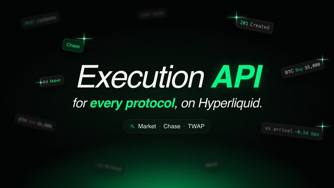 A dark, green-accented promotional graphic for Hyperliquid’s “Execution API” reads, “for every protocol, on Hyperliquid,” with labels including “Market,” “Chase,” and “TWAP.” Floating UI snippets show “20$ Created,” “BTC Buy $5,000,” and “vs arrival -0.54 bps,” illustrating Borsa’s customized, lower-fee order execution for protocols.