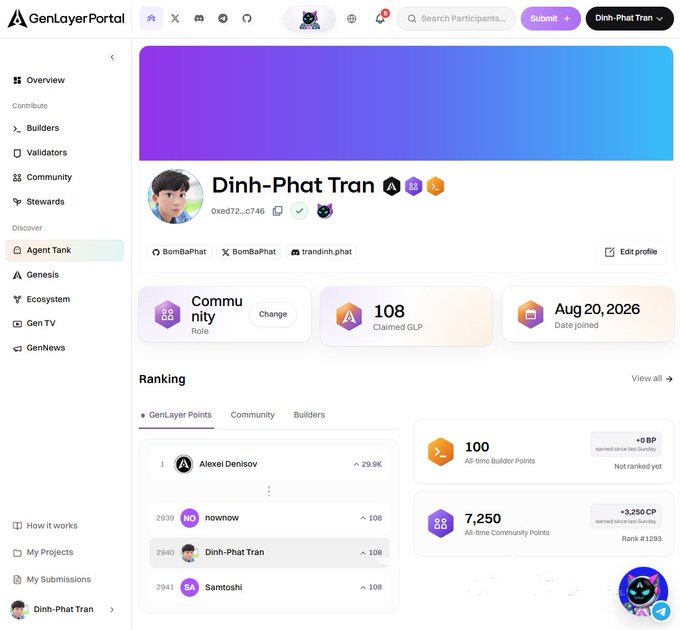 A screenshot of the GenLayer Portal profile page for user 'Dinh-Phat Tran' (@0xed72...c746), showing a Community role, 108 Claimed GLP, and a date joined of Aug 20, 2026.