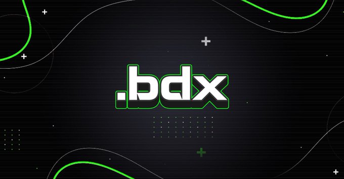 The image displays the ".bdx" ticker in bold white text with a green outline against a dark, stylized background featuring green geometric patterns and plus signs. This visual branding aligns with the post's discussion of $BDX's utility within the Beldex Coin network, emphasizing its role in transactions, staking, masternode participation, and other ecosystem services.