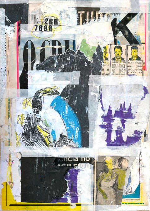 A mixed-media collage featuring layered torn paper elements, a central illustrated figure of a man in blue and yellow, purple textured stamps, and small portrait cards, with visible text fragments including "2RR 7888," "OBEY," and "K." The work visually echoes the post's #Collage theme, showcasing the artist's eclectic, street-art-inspired assembly of images, textures, and partial typography typical of the medium.