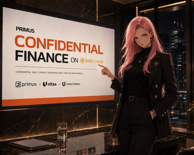 A pink-haired woman in a black suit points to a screen displaying 'PRIMUS CONFIDENTIAL FINANCE ON BNB CHAIN' with text 'CONFIDENTIAL VAULT. PRIVATE TRANSFERS. BUILT FOR ONCHAIN FINANCE.' and logos for 'primus x UNITAS x United Stables'.
