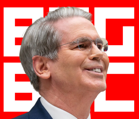 A stylized image of Jerome Powell, the Chairman of the Federal Reserve, smiling in front of a red background with bold white text.