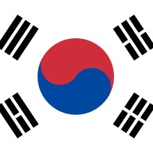 The flag of South Korea is displayed, featuring the red and blue Taegeuk symbol in the center surrounded by four black trigrams on a white field.