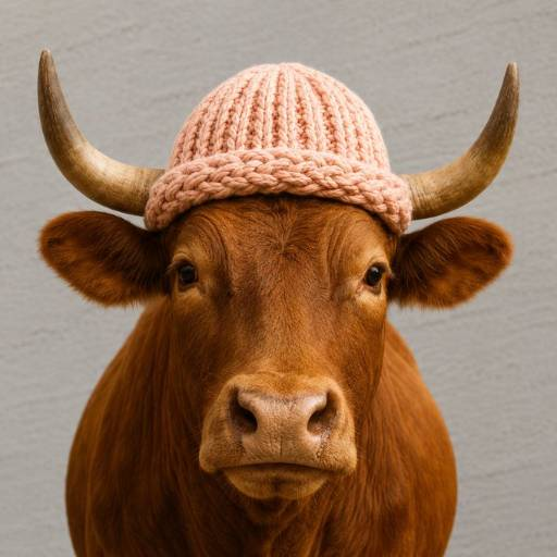 A Highland bull with large curved horns wearing a pink knit beanie, playfully illustrating the "bullwifhat" meme referenced in the post about "The Black Bull" token at 40m market cap.