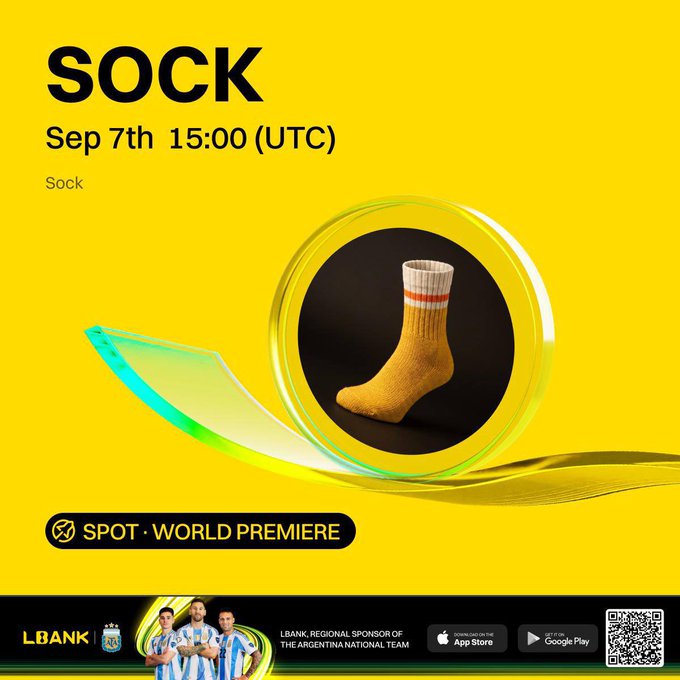 A promotional graphic for SOCK token listing on LBank on Sep 7th 15:00 (UTC), featuring a yellow sock in a circular frame, the LBank logo with Argentina National Team sponsorship, and App Store/Google Play download buttons.