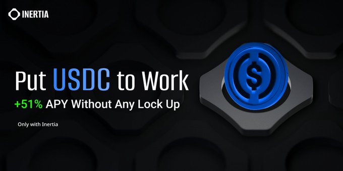 An advertisement banner for 'INERTIA' reading 'Put USDC to Work' with '+51% APY Without Any Lock Up', featuring a blue 3D USDC coin icon.