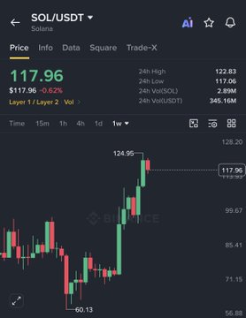 A Binance price chart for SOL/USDT shows Solana trading at $117.96, down 0.62%, with a 24-hour high of $129.83 and recent price action ranging between $60.13 and $124.95. The chart visually supports the post's claim of a significant 70% rally over the past 60 days, illustrating the steep upward trend despite a minor pullback.