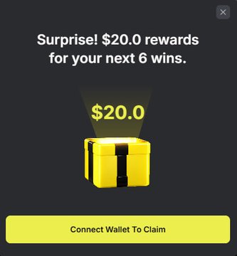 A mobile game reward popup displaying a yellow treasure chest with '$20.0' and text 'Surprise! $20.0 rewards for your next 6 wins,' with a 'Connect Wallet To Claim' button.