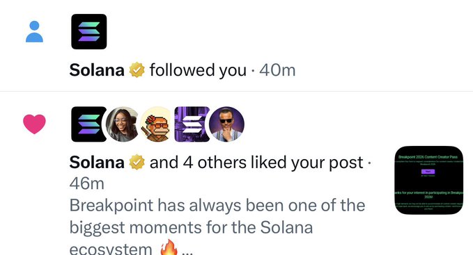 A screenshot of a social media notification showing that Solana (verified account) followed the user, and Solana along with 4 others liked a post about Breakpoint being one of the biggest moments for the Solana ecosystem.