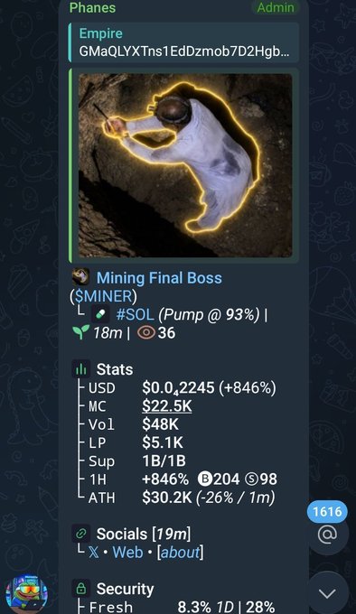 A Telegram bot interface displaying information about a cryptocurrency called 'Empire' with contract 'GMaQLYXTns1EdDzmob7D2Hgb...', listing it under 'Mining Final Boss' with a market cap of $22.5K and various stats including SOL price at $0.2245.
