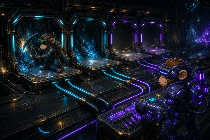 Digital artwork showing two cybernetically enhanced monkeys in futuristic armor mining glowing blue crystals within a high-tech, neon-lit industrial facility featuring purple and cyan energy conduits.