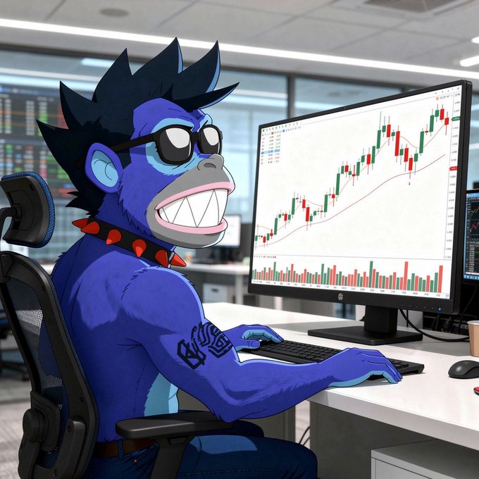 A digital illustration of a blue, spiky-haired ape character wearing sunglasses and a spiked collar, sitting at a desk looking at a computer monitor displaying a green and red stock candlestick chart.