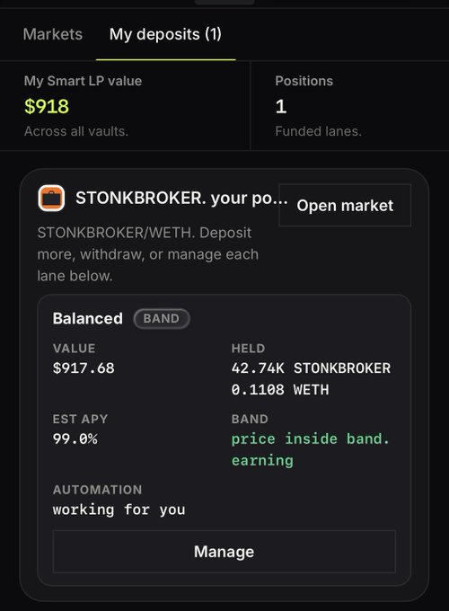 A screenshot of a mobile app interface showing 'My deposits (1)' with a total Smart LP value of $918 and a STONKBROKER/WETH balanced position earning an estimated 99.0% APY.