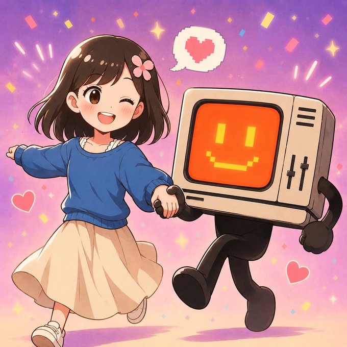 Anime-style illustration of a cheerful young girl with a cherry blossom hair clip winking and running alongside a personified vintage computer monitor character with an orange smiling face.