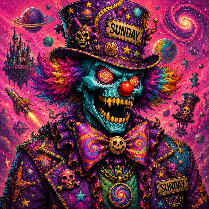 A vibrant, psychedelic digital illustration depicts a terrifying clown with a skull face and top hat, with the word 'SUNDAY' appearing on the hat and chest, set against a cosmic background of planets and castles.
