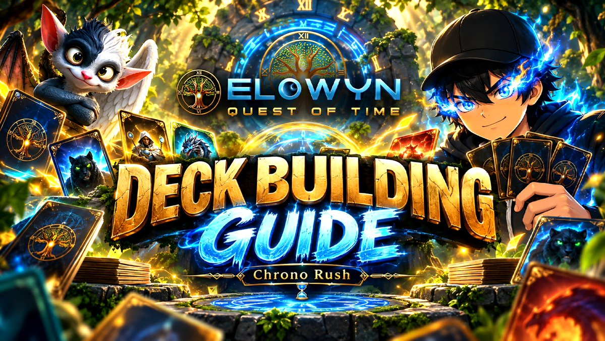 A vibrant digital thumbnail featuring an anime boy and a cat-like creature with the title text 'ELOWYN QUEST OF TIME' and 'DECK BUILDING GUIDE', along with a label reading 'Chrono Rush'.