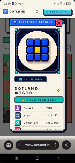 A screenshot from the mobile browser shows a Dotland.io territory details pop-up for "DOTLAND #3638," a 1×1 territory owned by the user at coordinates (380, 360). The pixelated Dotland logo used as the territory's design matches the post's reference to customizing their land with the project's branding.