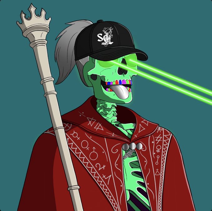 An illustration of a green skeletal figure wearing a black 'Sd' cap and a red robe with mystical symbols, shooting green laser beams from its eyes while holding a staff.