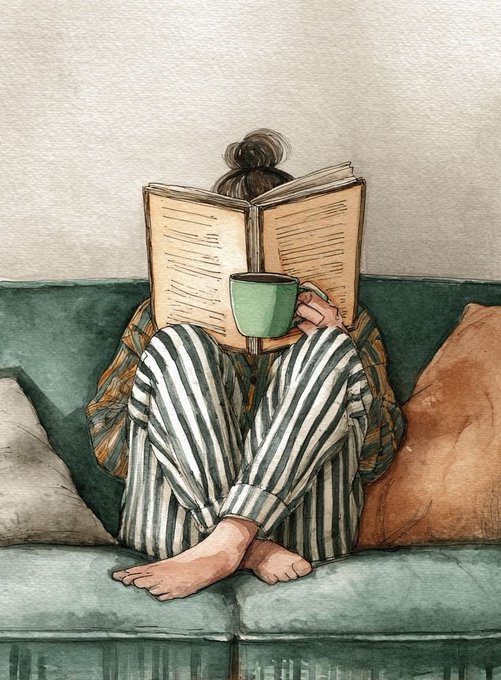 A watercolor-style illustration shows a person in striped pajamas sitting cross-legged on a green couch, holding an open book in front of their face while sipping from a green mug.