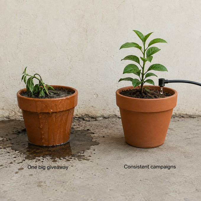 The image contrasts two marketing strategies with two potted plants: a withered, overwatered plant labeled "One big giveaway" versus a thriving plant being properly irrigated by a drip system, labeled "Consistent campaigns"—illustrating how steady, ongoing efforts yield better growth than a single large splash.
