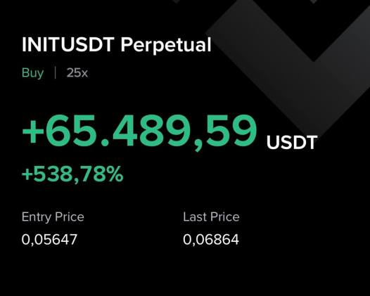 A cryptocurrency trading interface shows "INITUSDT Perpetual" with a +538.78% gain of +65,489.59 USDT, with entry price 0.05647 and last price 0.06864.