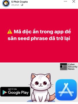 A Vietnamese-language cybersecurity warning from '5 Phút Crypto' warning users not to store seed phrases in apps ('Mã đốc ẩn trong app để sẵn seed phrase đã trở lại'), featuring a cat illustration and Google Play/App Store download buttons.