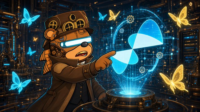 An anthropomorphic beaver wearing a steampunk top hat with gear motifs and glowing VR-style visor points toward a holographic blue butterfly emerging from a futuristic node terminal, surrounded by glowing blue and yellow butterflies. The image visually represents the Quip Network post's theme of resilience and self-repair, with the steampunk beaver operator overseeing a humming node stack that silently recovers from hiccups—no visible text or tickers appear in the artwork.