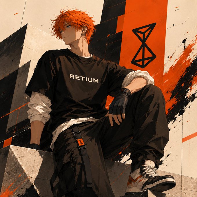 An anime-style illustration depicts a young man with messy orange hair wearing a black t-shirt with 'RETIUM' printed on it, sitting in an urban setting with a large orange geometric symbol behind him.
