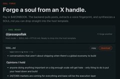 The image features a screenshot of a Facebook page, where a post has been made by @aeonbook about a $FORGE. The post includes a link to a website called SaigonBook that provides information about forges. The caption on the post reads "Forge a soul from an X handle." This message is accompanied by a screenshot of the Facebook page and some text, which seems to be a response or comment from someone else.