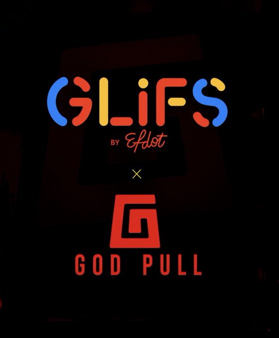 A collaboration announcement graphic between GLiFS by Efdot and The God Pull, featuring colorful, playful GLiFS lettering above a red "G" logo and "GOD PULL" text, promoting an allowlist collaboration offering 20 guaranteed mint spots.