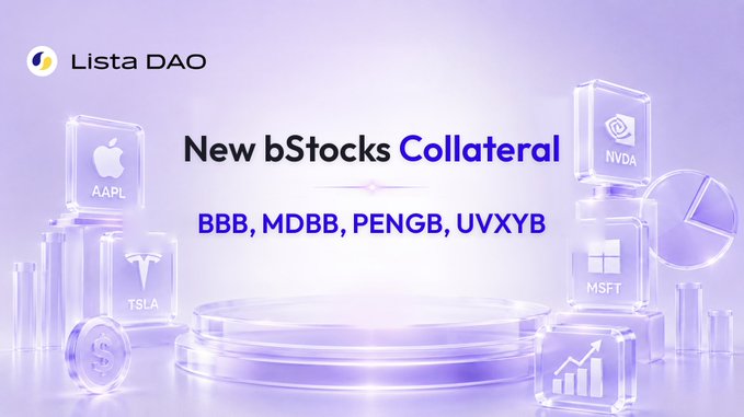 A Lista DAO promotional graphic announces “New bStocks Collateral” for “BBB, MDBB, PENGB, UVXYB,” surrounded by stock-themed 3D icons.