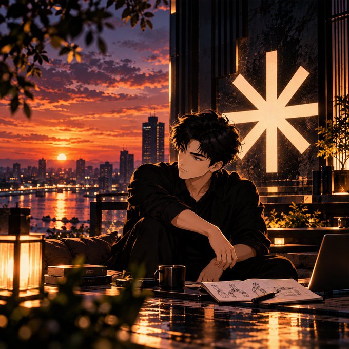 Anime-style illustration of a young man with dark hair sitting at a desk by a window, overlooking a sunset cityscape with a large illuminated asterisk symbol on the wall behind him.
