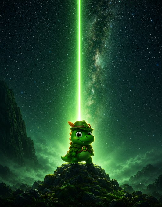 A cute, green, cartoonish dinosaur wearing a leaf hat stands on a rock, illuminated by a bright green beam of light under a starry night sky.