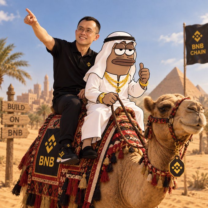 A man in a black shirt and a cartoon character in traditional Arab attire ride a camel in a desert with pyramids, with BNB branding and a 'BUILD ON BNB' sign visible.
