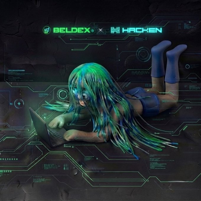 A promotional graphic for 'BELDEX x HACKEN' showing an anime-style character with long green hair and blue boots lying down and working on a laptop against a dark circuit-board background.