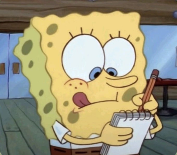A still image of SpongeBob SquarePants holding a pencil and notebook with his tongue sticking out, appearing focused or confused.