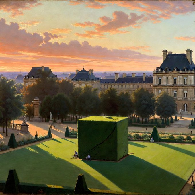 A serene painting depicts a grand European palace and formal gardens at sunset, featuring a large green cube with a crack in it sitting on the manicured lawn.