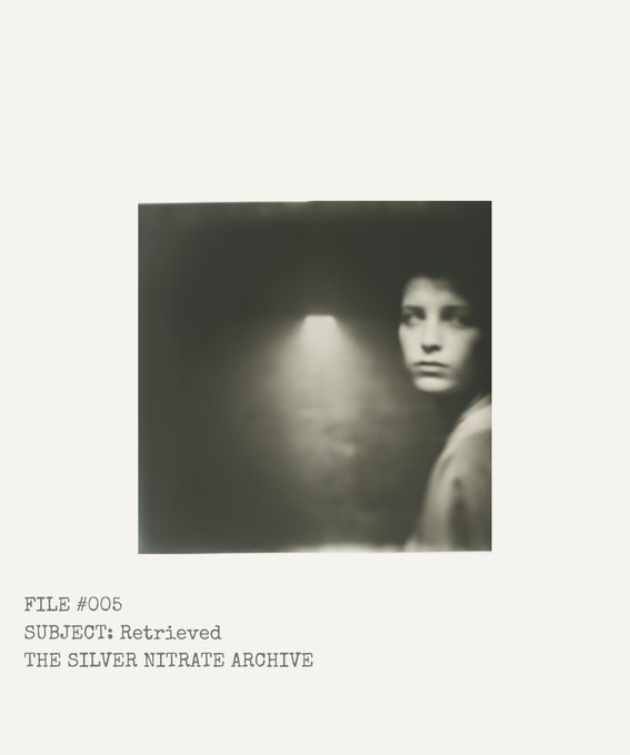 Vintage black-and-white photograph of a young person looking over their shoulder, presented as "FILE #005 / SUBJECT: Retrieved / THE SILVER NITRATE ARCHIVE".