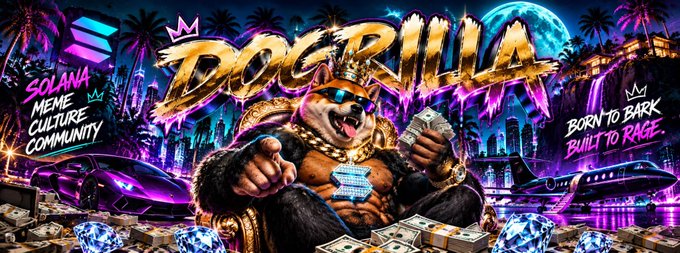 A vibrant promotional banner for "DOGRILLA" featuring a muscular, sunglasses-wearing bear wearing a crown and gold chains, holding a "BORN TO BARK BUILT TO RAGE" sign amid stacks of cash, diamonds, purple sports cars, and a city skyline, with text reading "SOLANA MEME CULTURE COMMUNITY." The image serves as the visual calling card for the $DOGRILLA token pitch, matching the post's hype of it being the "next 1000x" coin on Solana alongside past calls like $ANSEM, $CATE, $MEME, $PONS, and $CASHCAT.