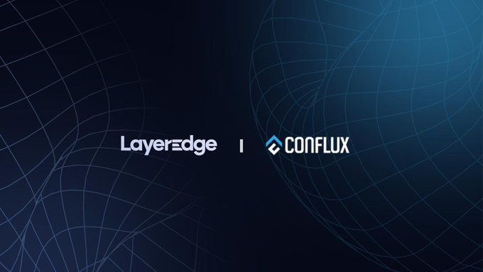 A dark blue graphic with abstract grid patterns displaying the logos 'LayerEdge' and 'Conflux' separated by a vertical line.