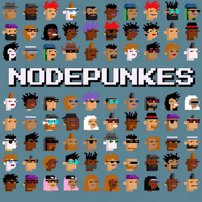 The image features a large collection of pixel art faces, each with unique facial expressions and hairstyles. These faces are arranged in rows against a blue background, creating an eye-catching display that captures attention. The text "NodePunks" is written above the faces, indicating the theme or concept behind this artwork. The post also mentions that there has been a drop of eth gas, which could be interpreted as a reference to the popular video game series "Minecraft". This connection adds a layer of intrigue and humor to the image, making it more engaging for viewers who are familiar with both pixel art and the Minecraft universe.