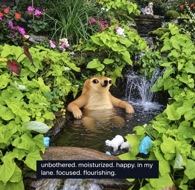 An otter relaxes in a garden pond surrounded by lush greenery, with the text overlay: 'unbothered. moisturized. happy. in my lane. focused. flourishing.'