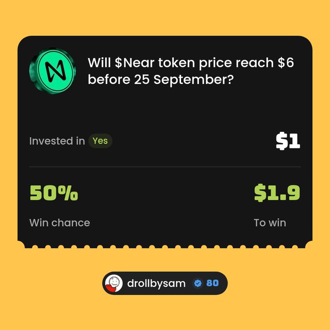 A prediction market bet by 'drollbysam' on whether $Near token will reach $6 before September 25, showing a $1 investment in 'Yes' with a 50% win chance to win $1.90.