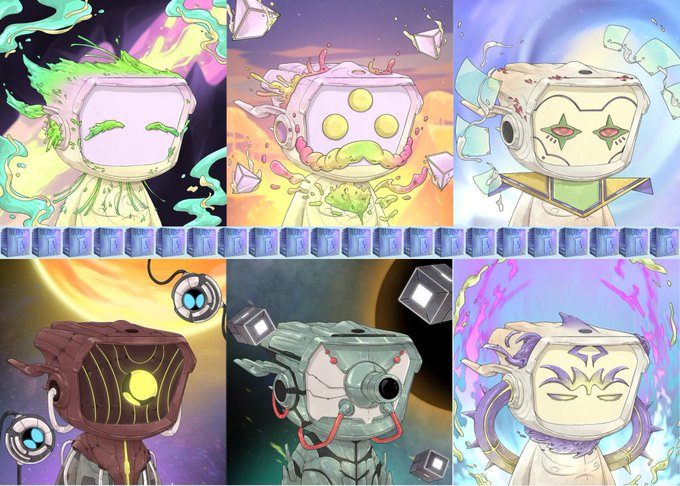 A collage of six stylized, mechanical character portraits with boxy heads, each surrounded by colorful elemental effects like green slime, fire, ice, and energy.